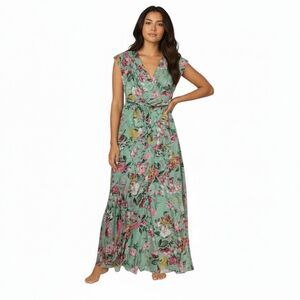 NEW Eliza J Maxi Faux Wrap Floral Dress Women 6 Chiffon Rollover Cap Sleeve